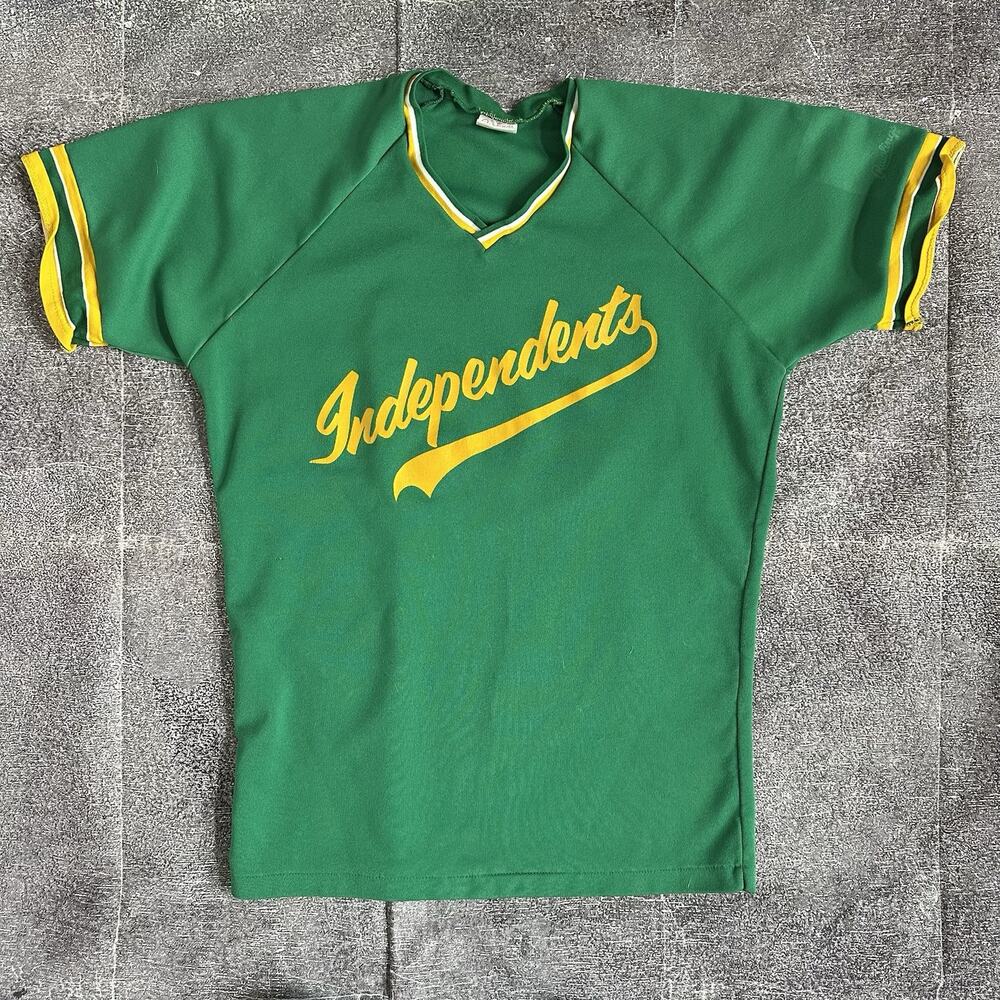 Men's Vintage 70s Rawlings Independents Green Yellow Script Baseball Jersey Sz L